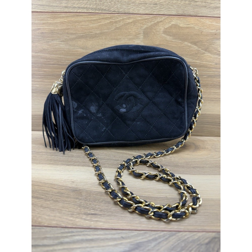 CHANEL Vintage 90s Quilted Suede Small Camera Bag Black Suede Zipper Tassel